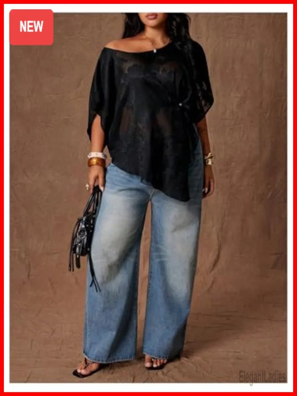 Plus Size Mesh Off Shoulder Asymmetrical Chiffon Blouse